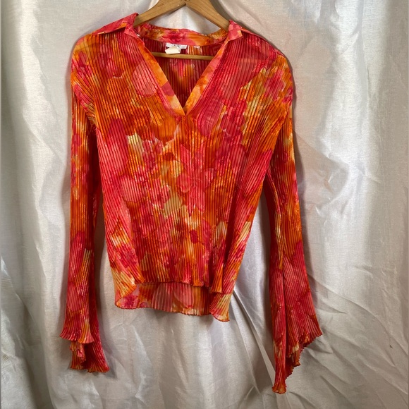 y2k Cache Orange Pink Neon Floral Pleated Mesh V-Neck Long Fairy Sleeve Blouse - Picture 1 of 4